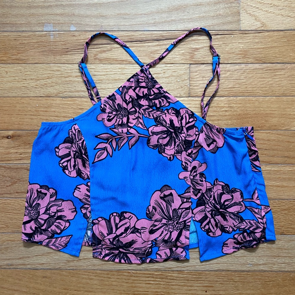 MINKPINK Halter Crop Top Bright Blue Pink Floral XS